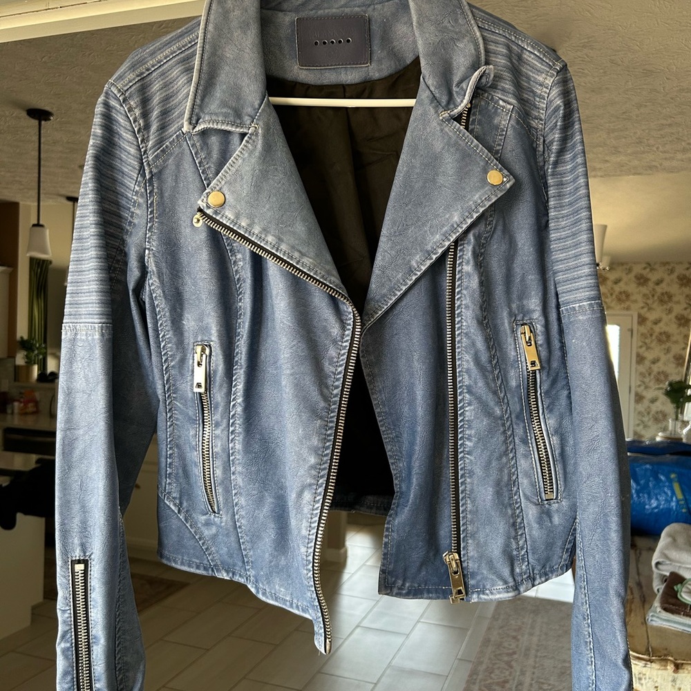 Blank NYC Blue Leather Motorcycle Jacket Asymmetrical Design
